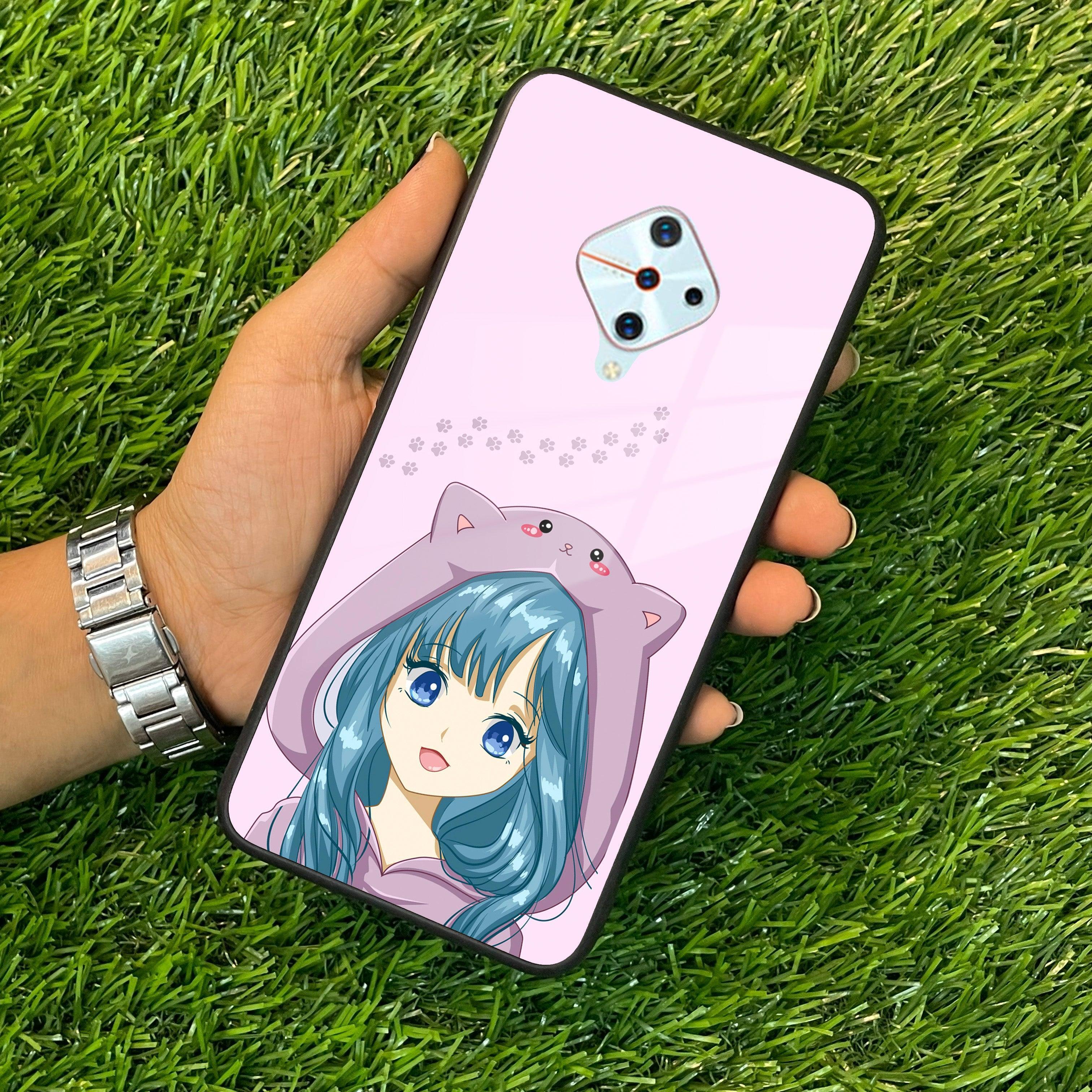 Purple Aesthetic Girl With Cat Phone Glass Case Cover For Vivo - ShopOnCliQ