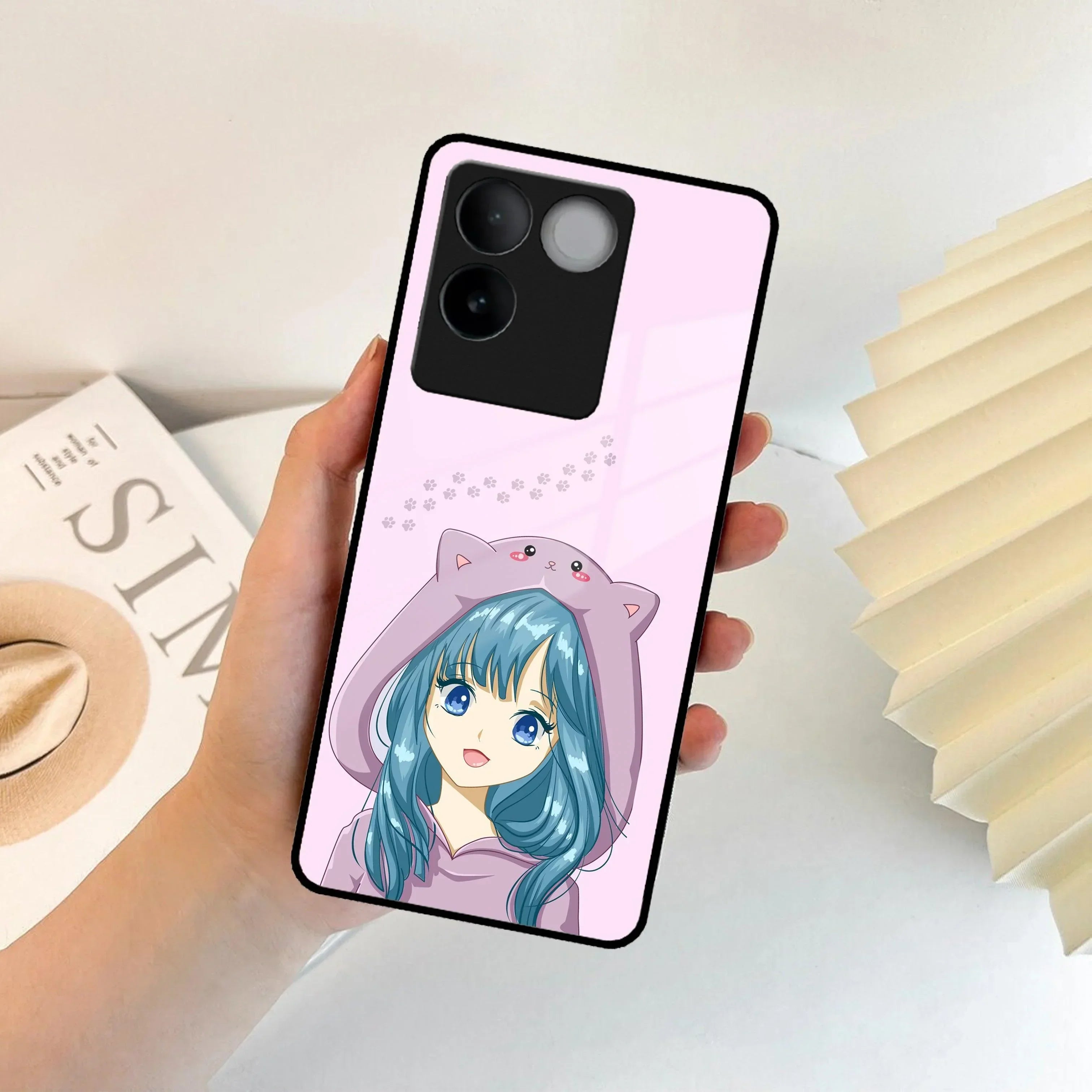 Purple Aesthetic Girl With Cat Phone Glass Case Cover For iQOO - ShopOnCliQ
