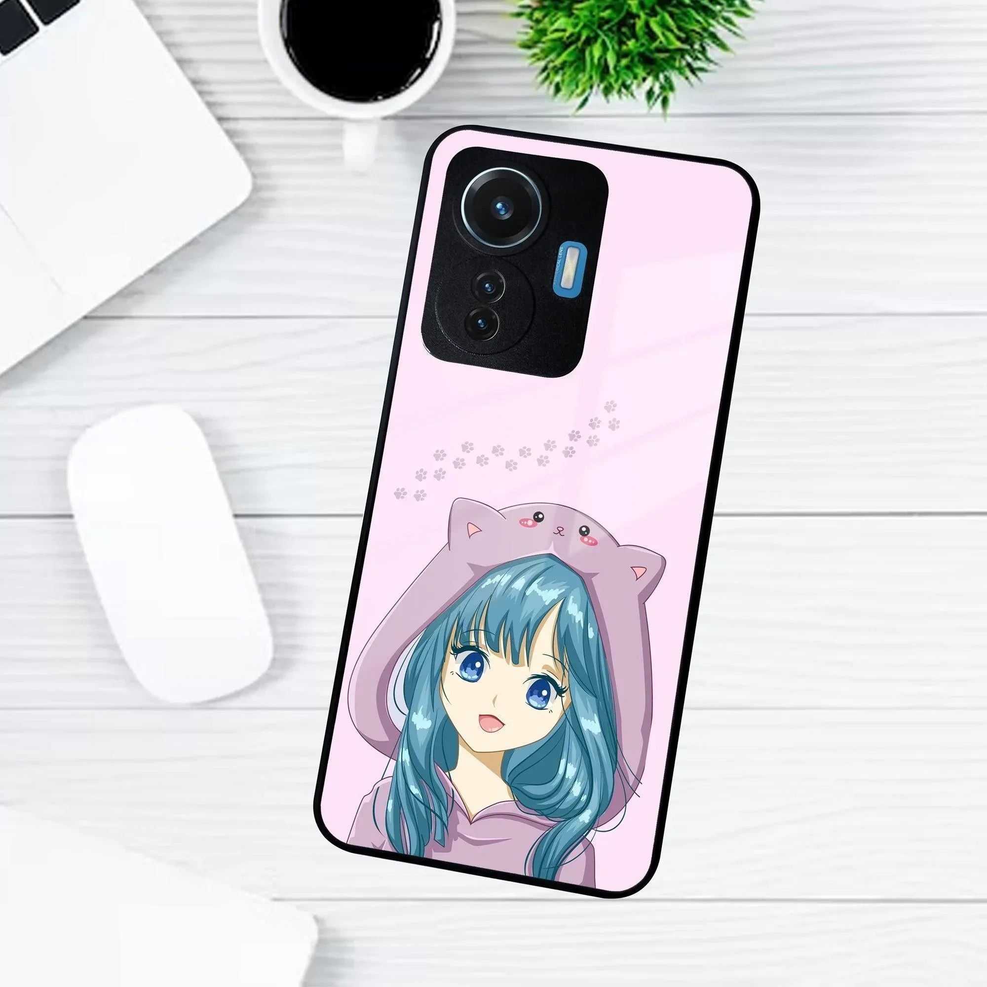 Purple Aesthetic Girl With Cat Phone Glass Case Cover For Vivo - ShopOnCliQ
