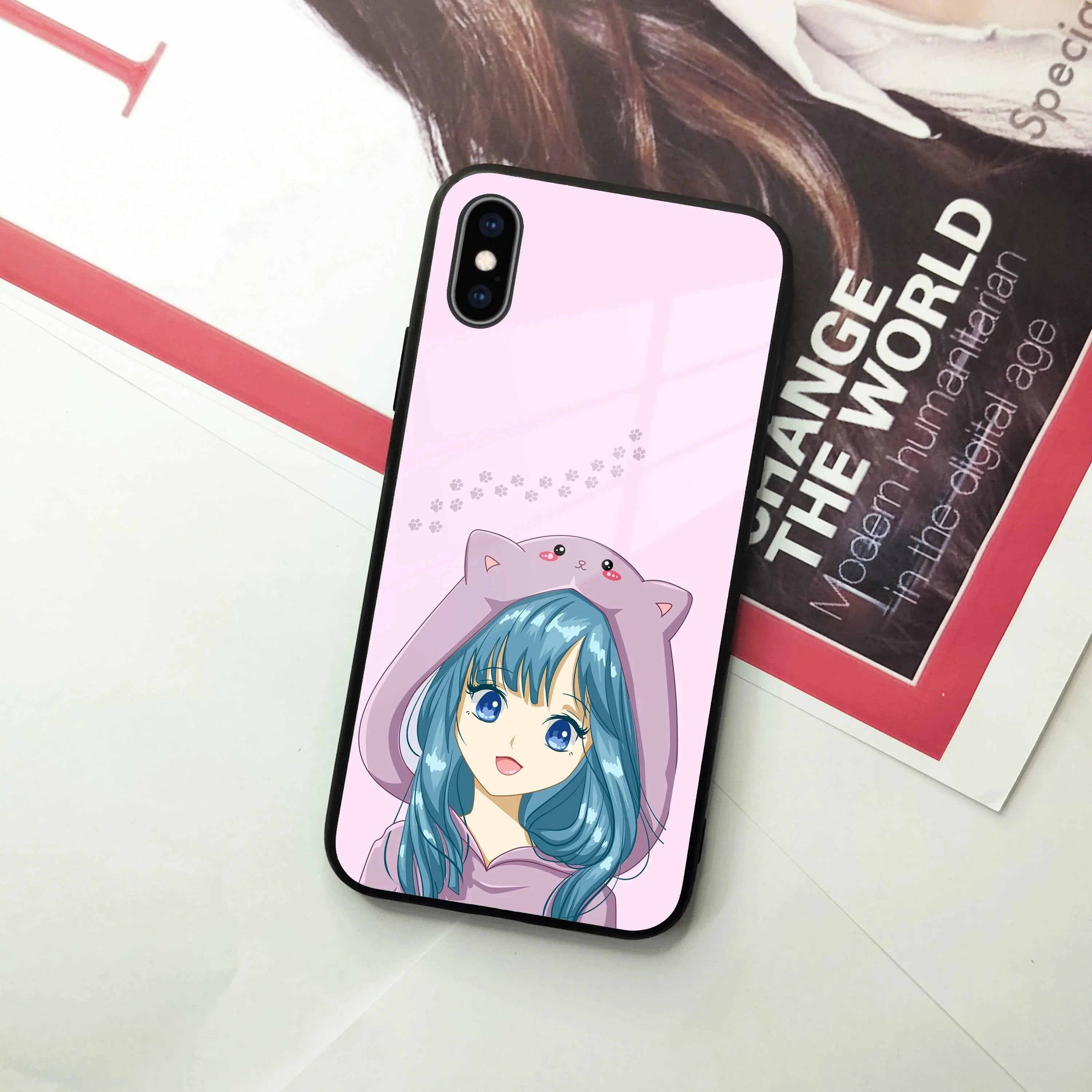 Purple Aesthetic Girl With Cat Phone Glass Case Cover For iPhone - ShopOnCliQ