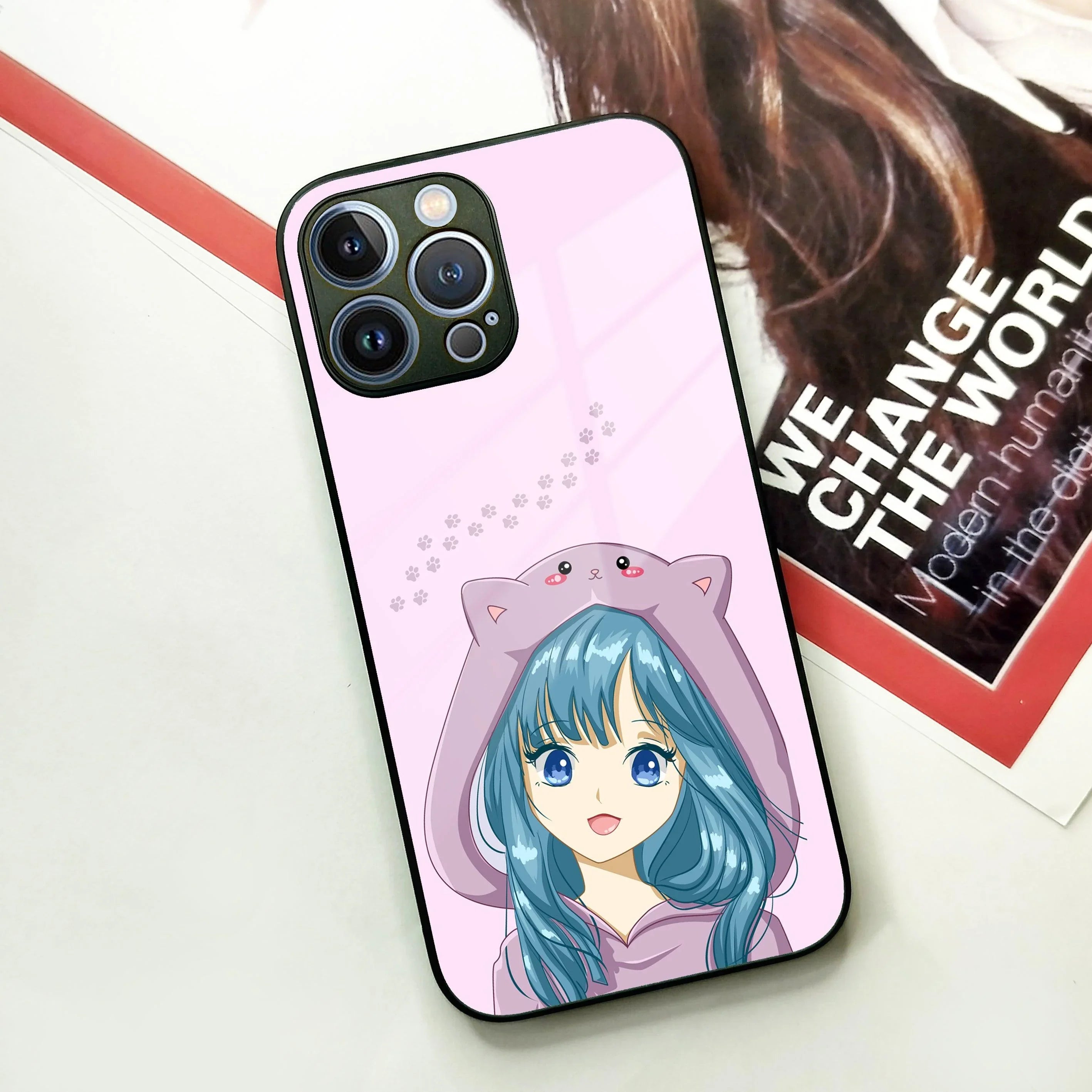 Purple Aesthetic Girl With Cat Phone Glass Case Cover For iPhone - ShopOnCliQ