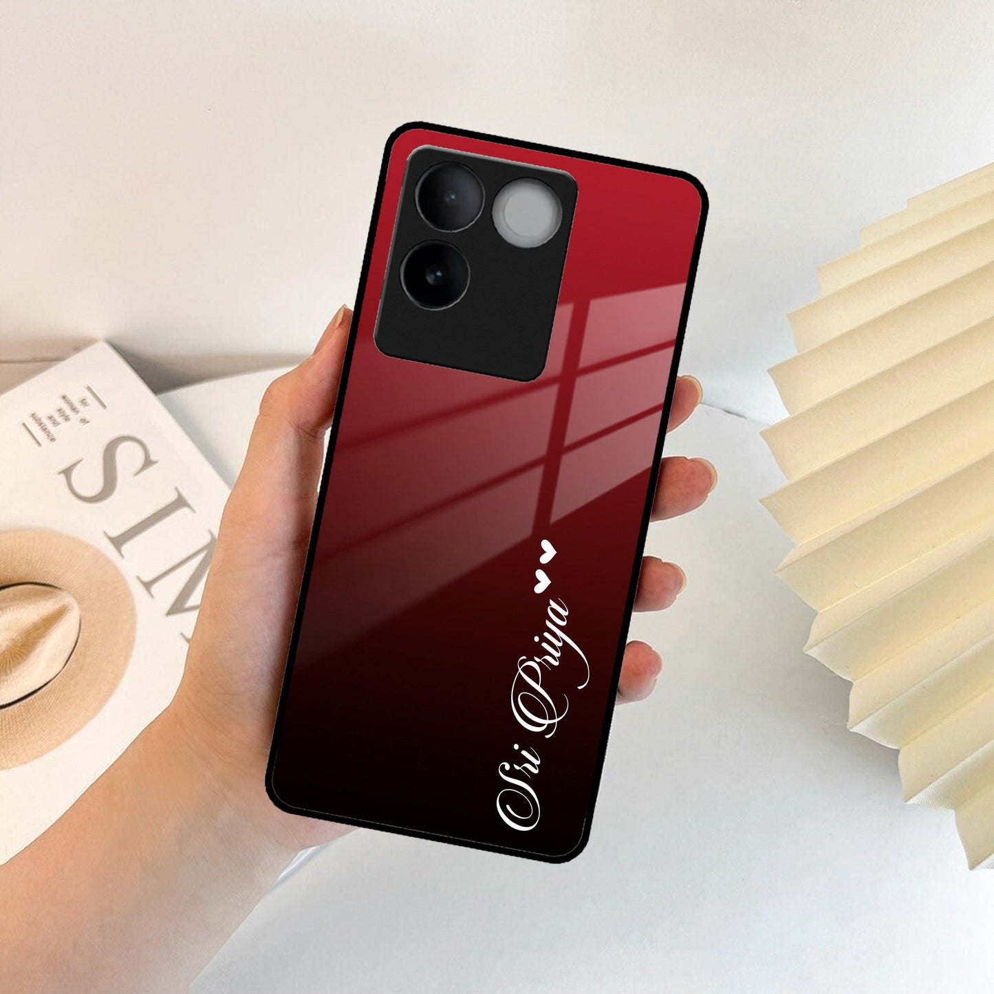 Customize Name Gradient Glass Case Cover Red Wine For Vivo