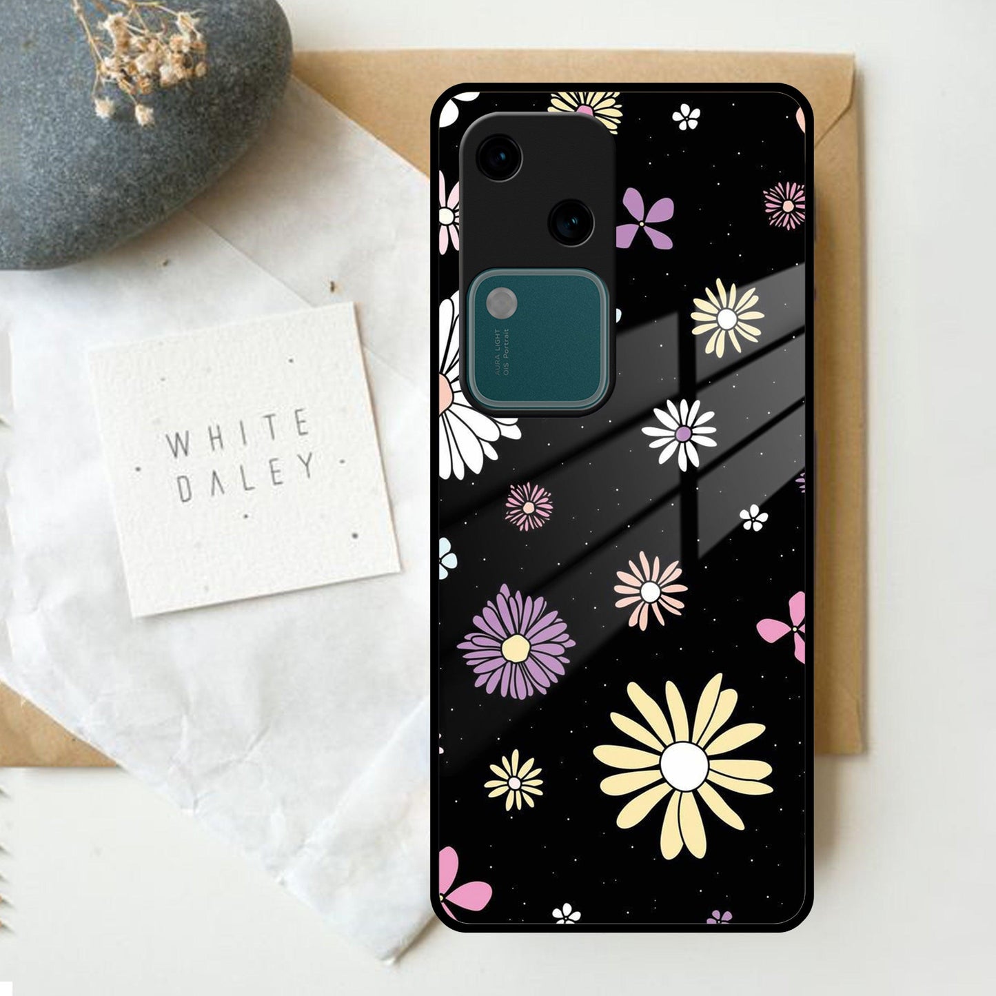 Seamless Floral Print Glass Case Cover For Vivo