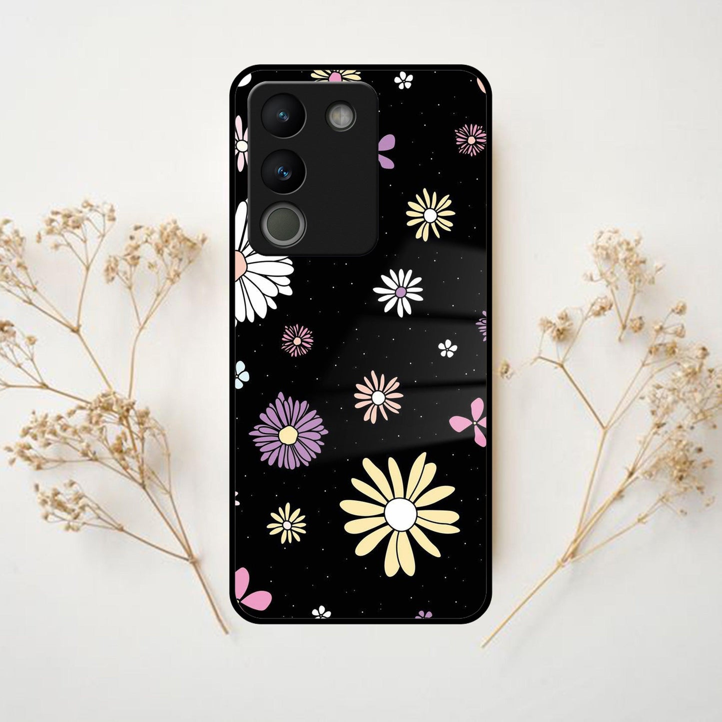 Seamless Floral Print Glass Case Cover For Vivo