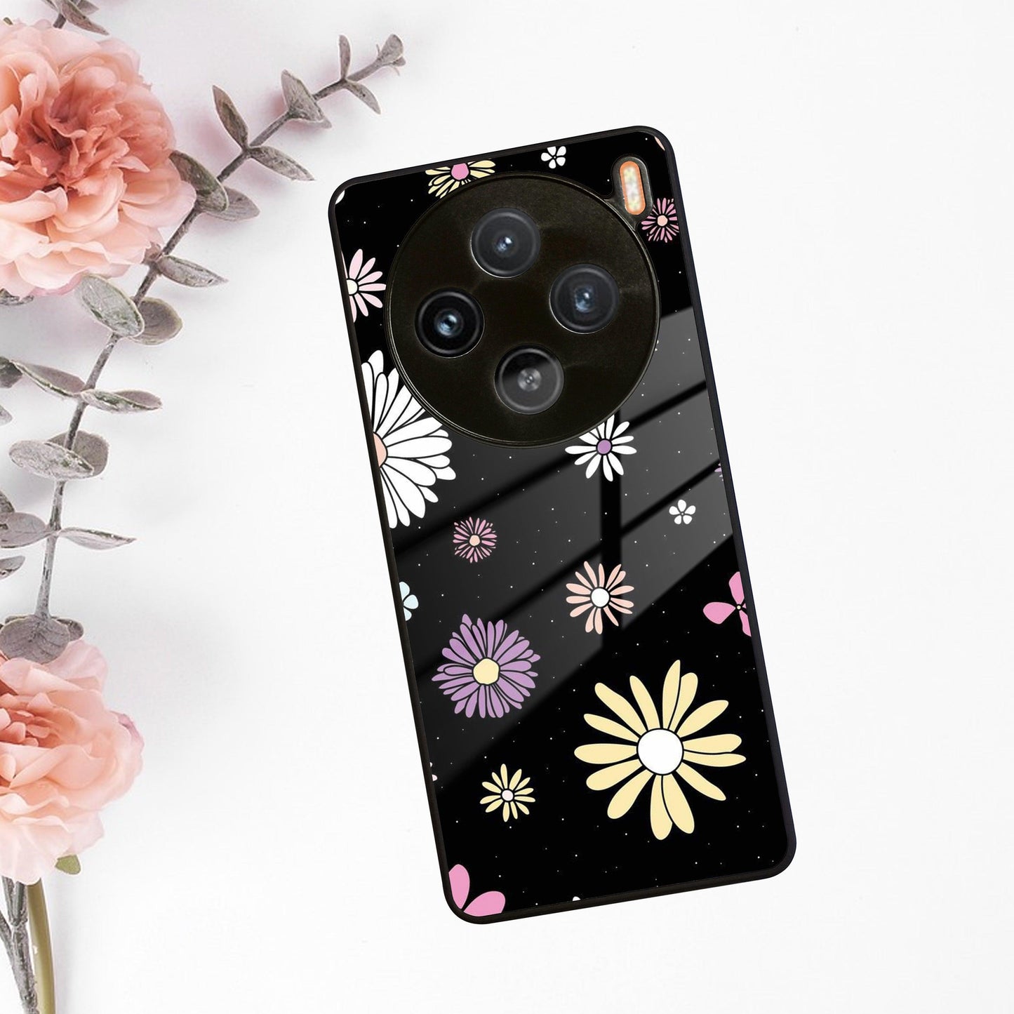 Seamless Floral Print Glass Case Cover For Vivo