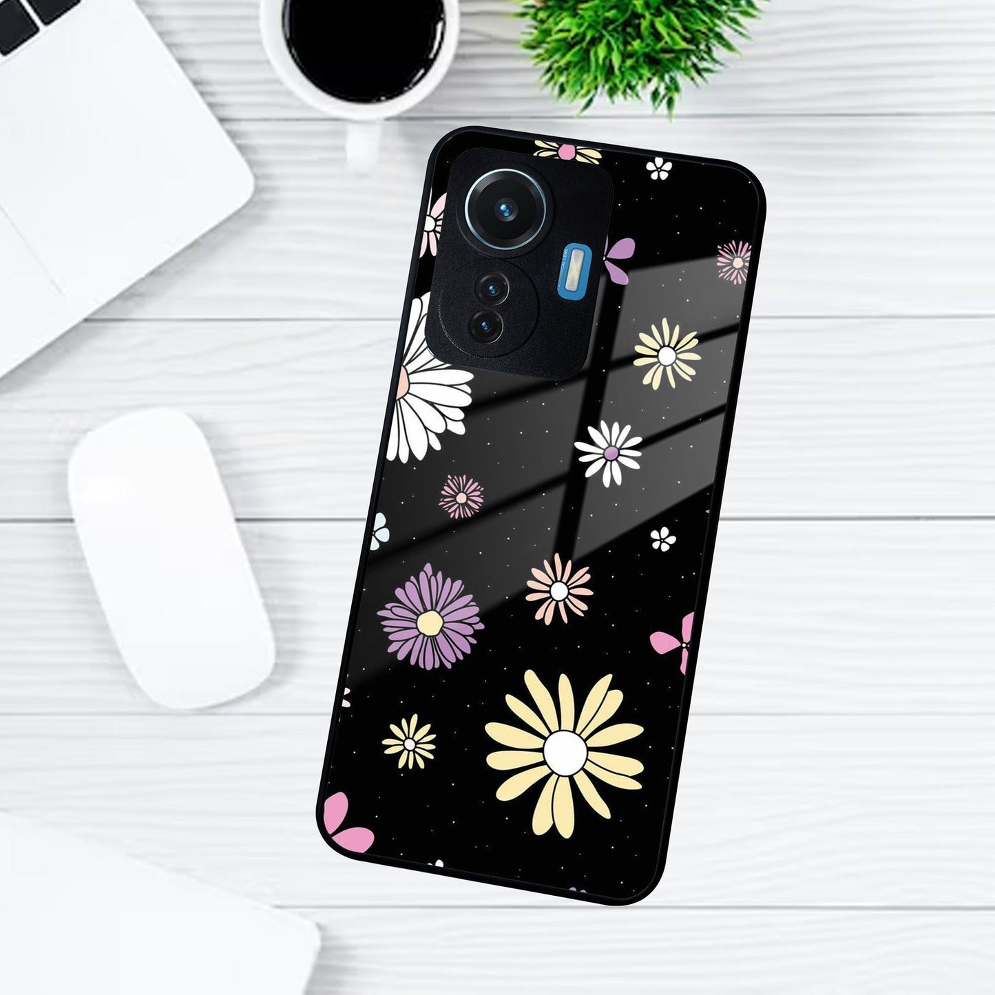 Seamless Floral Print Glass Case Cover For Vivo