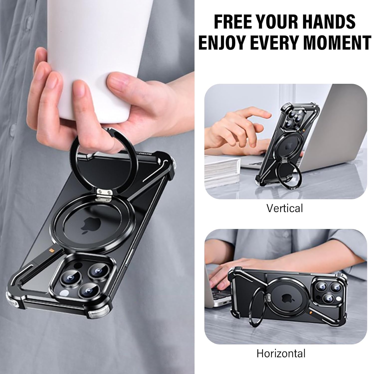 Slim Aluminum Metal Bumper Case with Magnetic Kickstand | Borderless Frameless Design | Z-Shape Shockproof Stand Cover