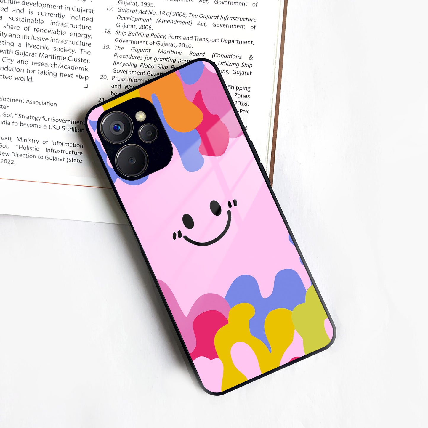 Cute Pink Smiley Multicolor Glass Case For Realme/Narzo