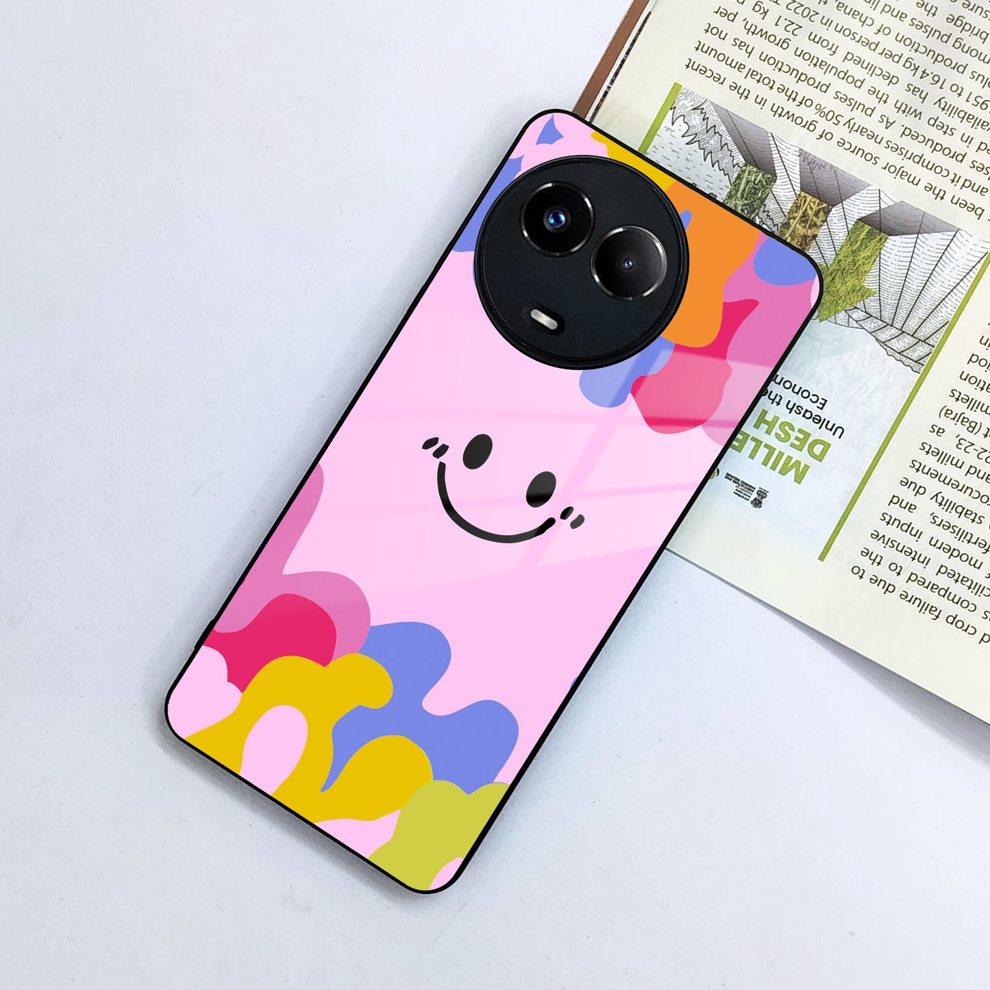 Cute Pink Smiley Multicolor Glass Case For Realme/Narzo