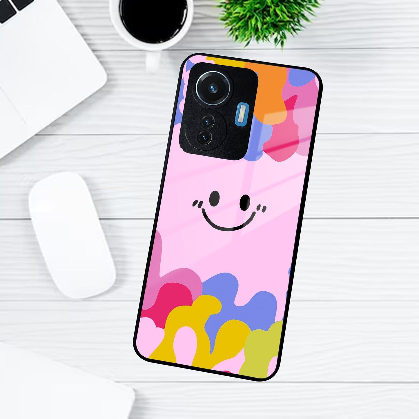 Cute Pink Smiley Multicolor Glass Case For iQOO