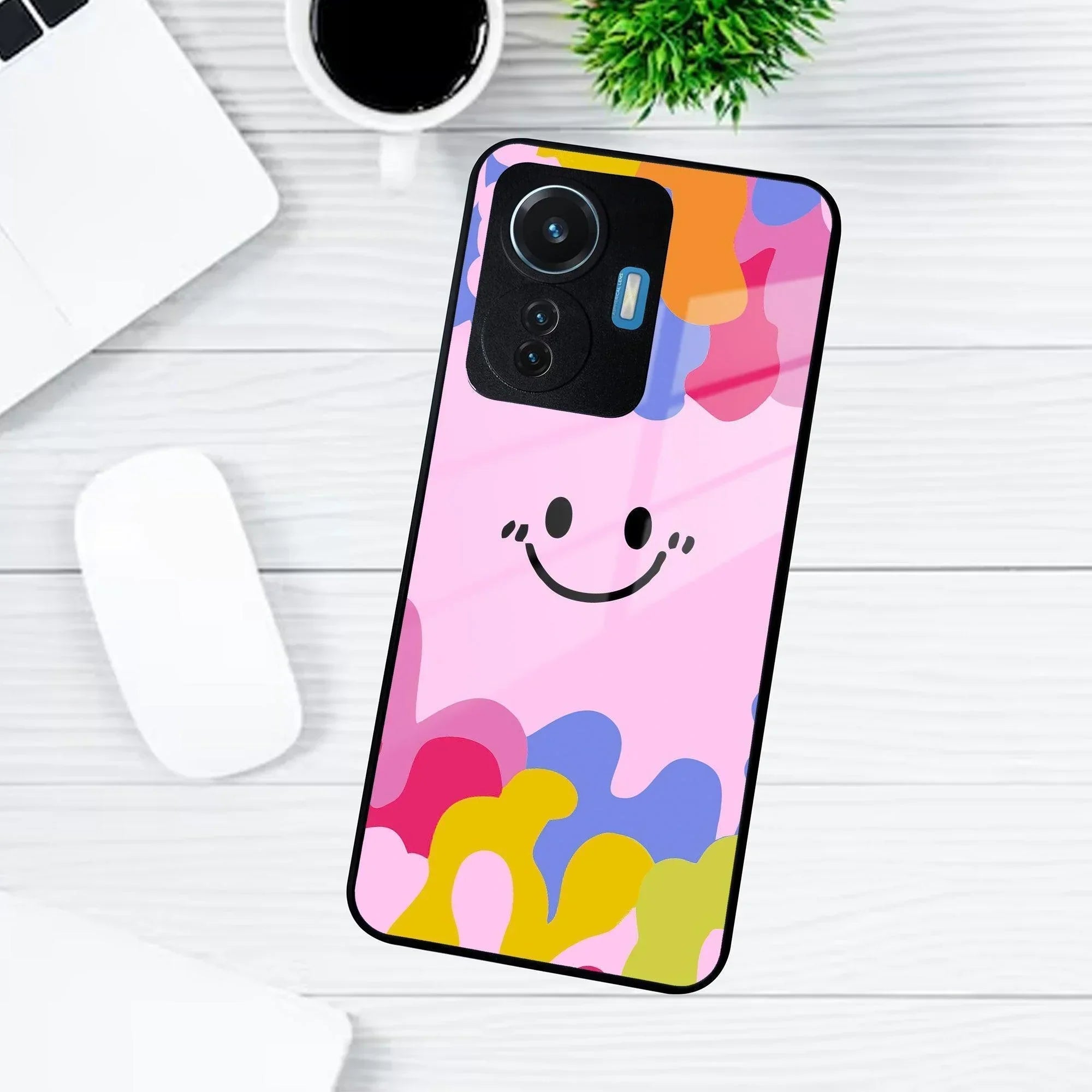 Cute Pink Smiley Multicolor Glass Case For iQOO - ShopOnCliQ