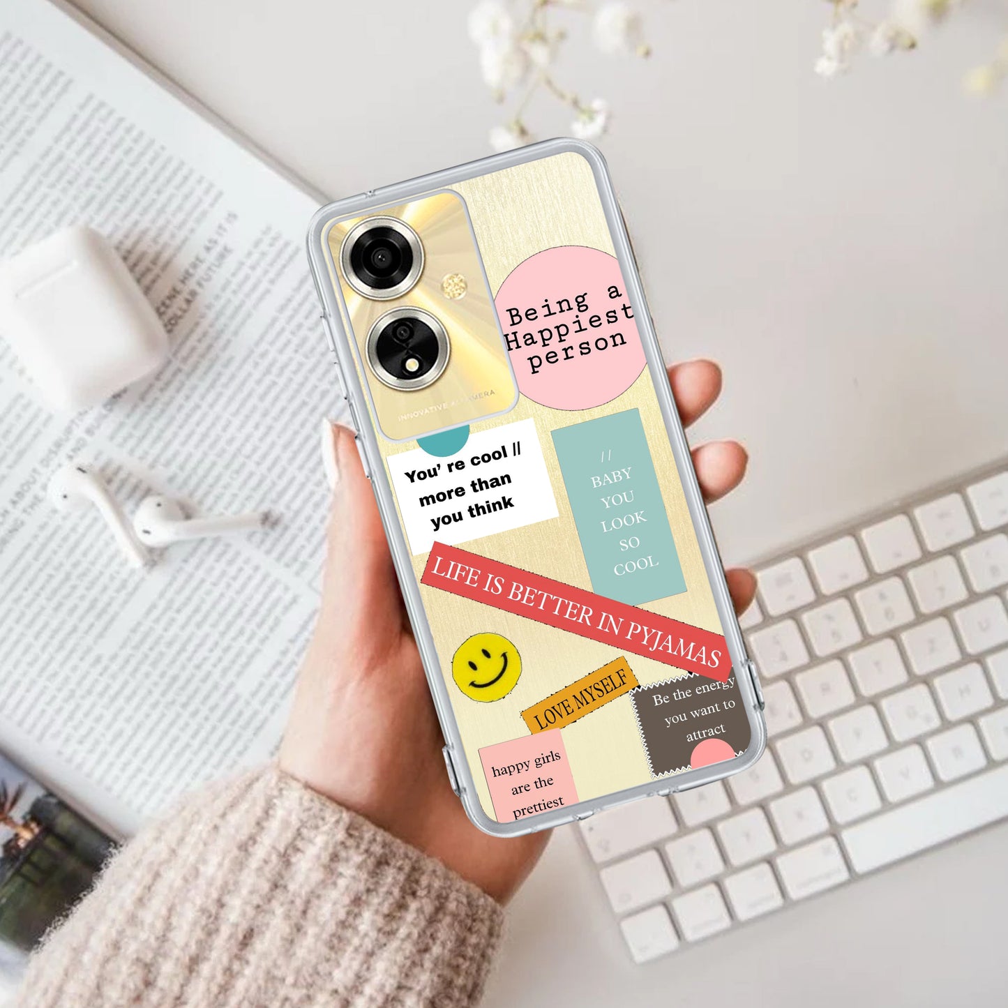 Stickers Happiest Person Transparent Silicon Case Peach For Oppo ShopOnCliQ