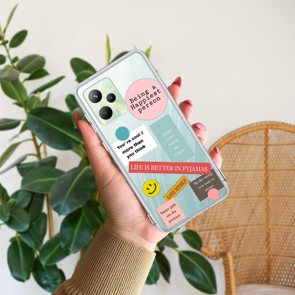 Stickers Happiest Person Transparent Silicon Case Peach For Realme 9 Pro Plus 5G / Realme Narzo 50 Pro (5G) / Realme 9 4G