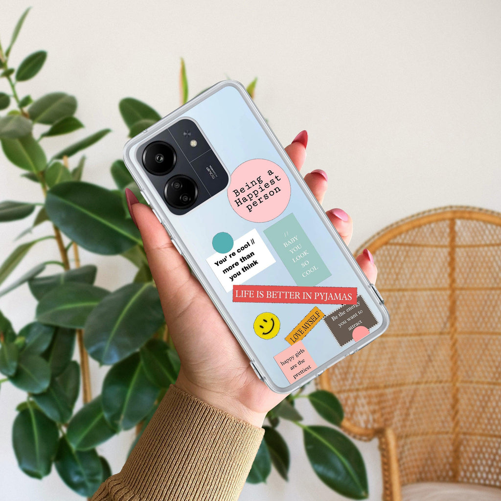 Stickers Happiest Person Transparent Silicon Case Peach For Redmi 13C 4G