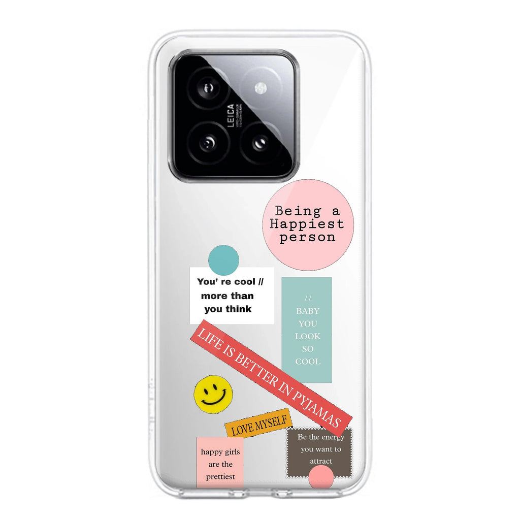 Stickers Happiest Person Transparent Silicon Case Peach For Xiaomi 14 5G
