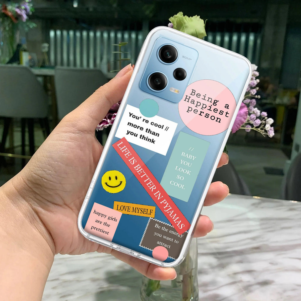 Stickers Happiest Person Transparent Silicon Case Peach For Redmi Note 11