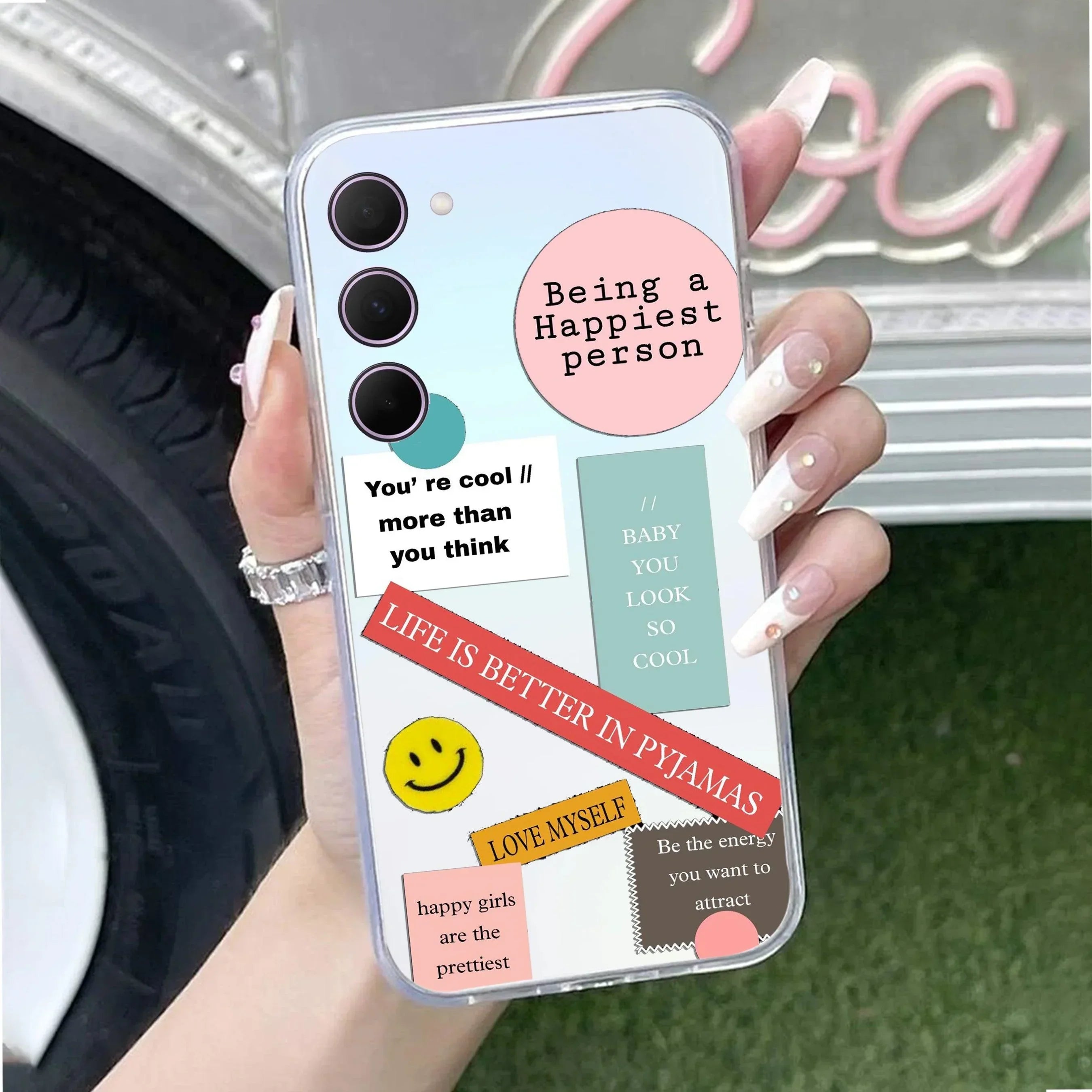 Stickers Happiest Person Transparent Silicon Case Peach For Samsung Galaxy M35 5G