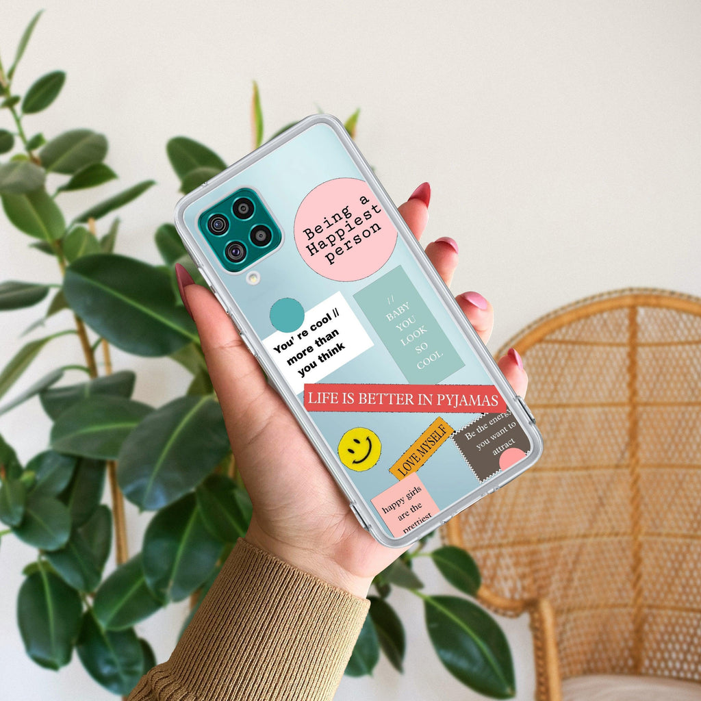 Stickers Happiest Person Anti Yellow Case Peach For Samsung Galaxy A12 / M12 / F12