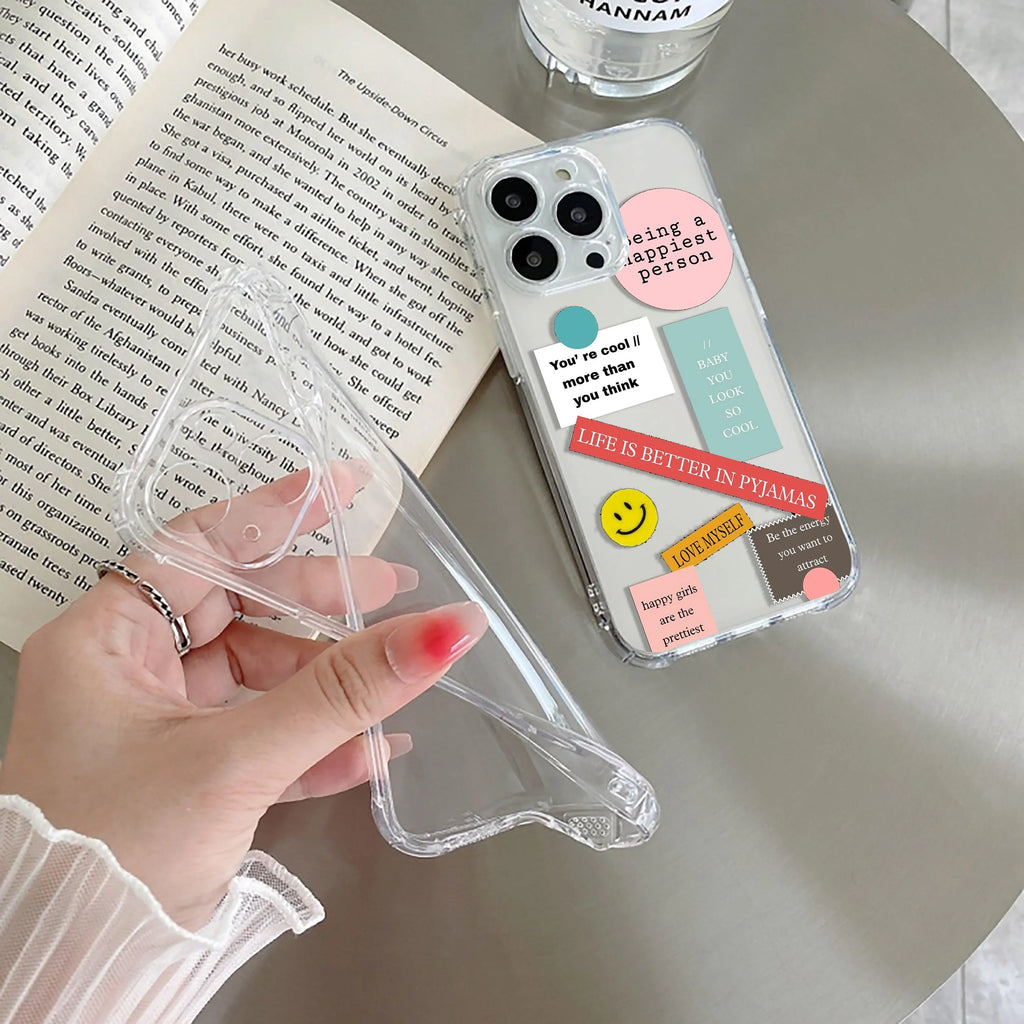 Stickers Happiest Person Transparent Silicon Case Peach For iPhone 15 Pro Max