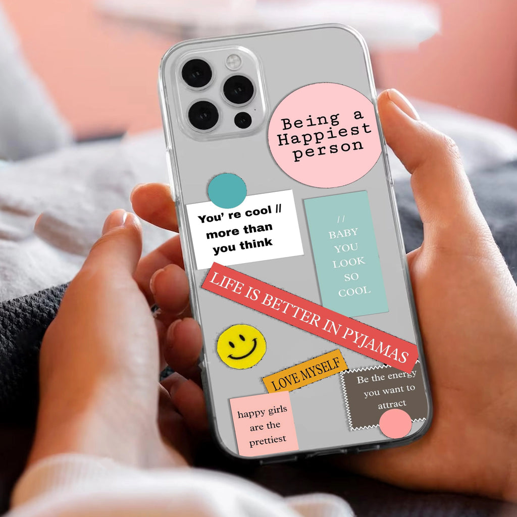 Stickers Happiest Person Transparent Silicon Case Peach For iPhone 13 Pro Max