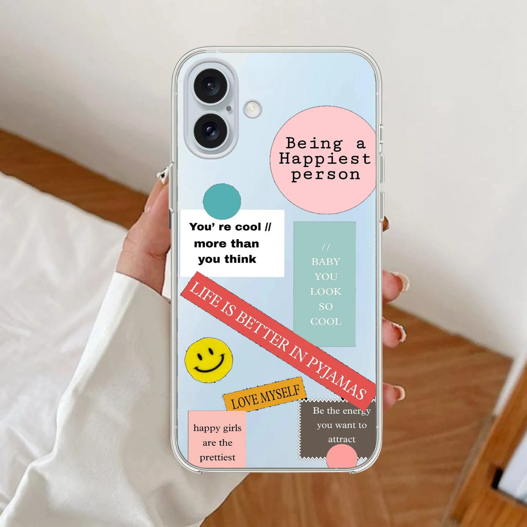 Stickers Happiest Person Transparent Silicon Case Peach For iPhone 13 Pro