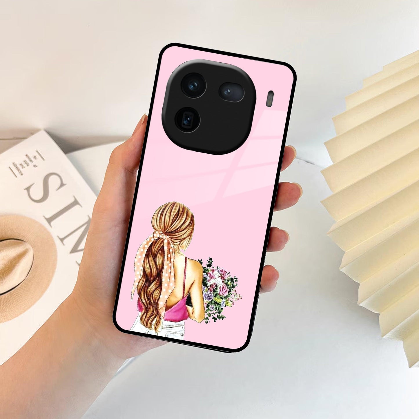 Styles Girl With Flower Glass Case For iQOO