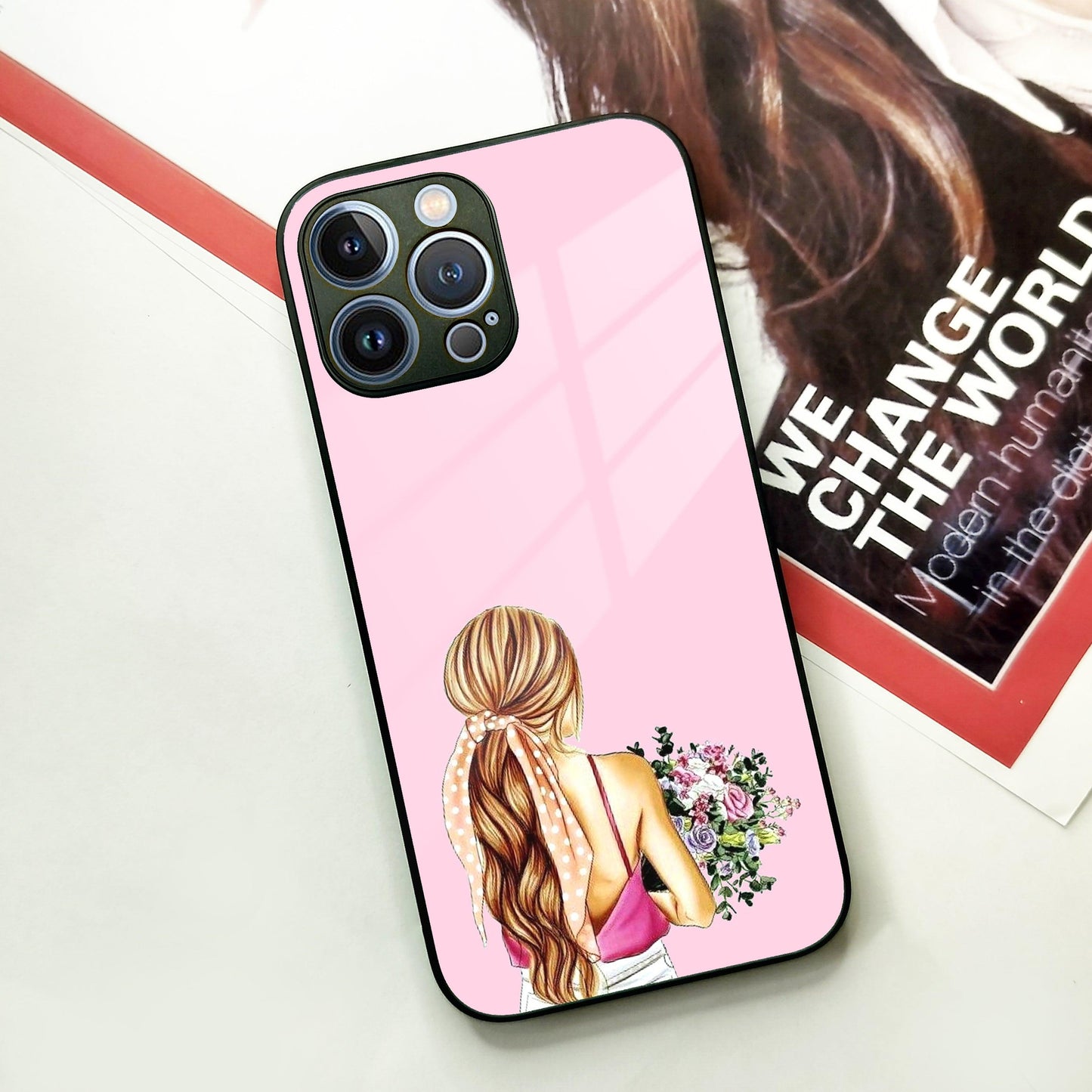 Styles Girl With Flower Glass Case For iPhone