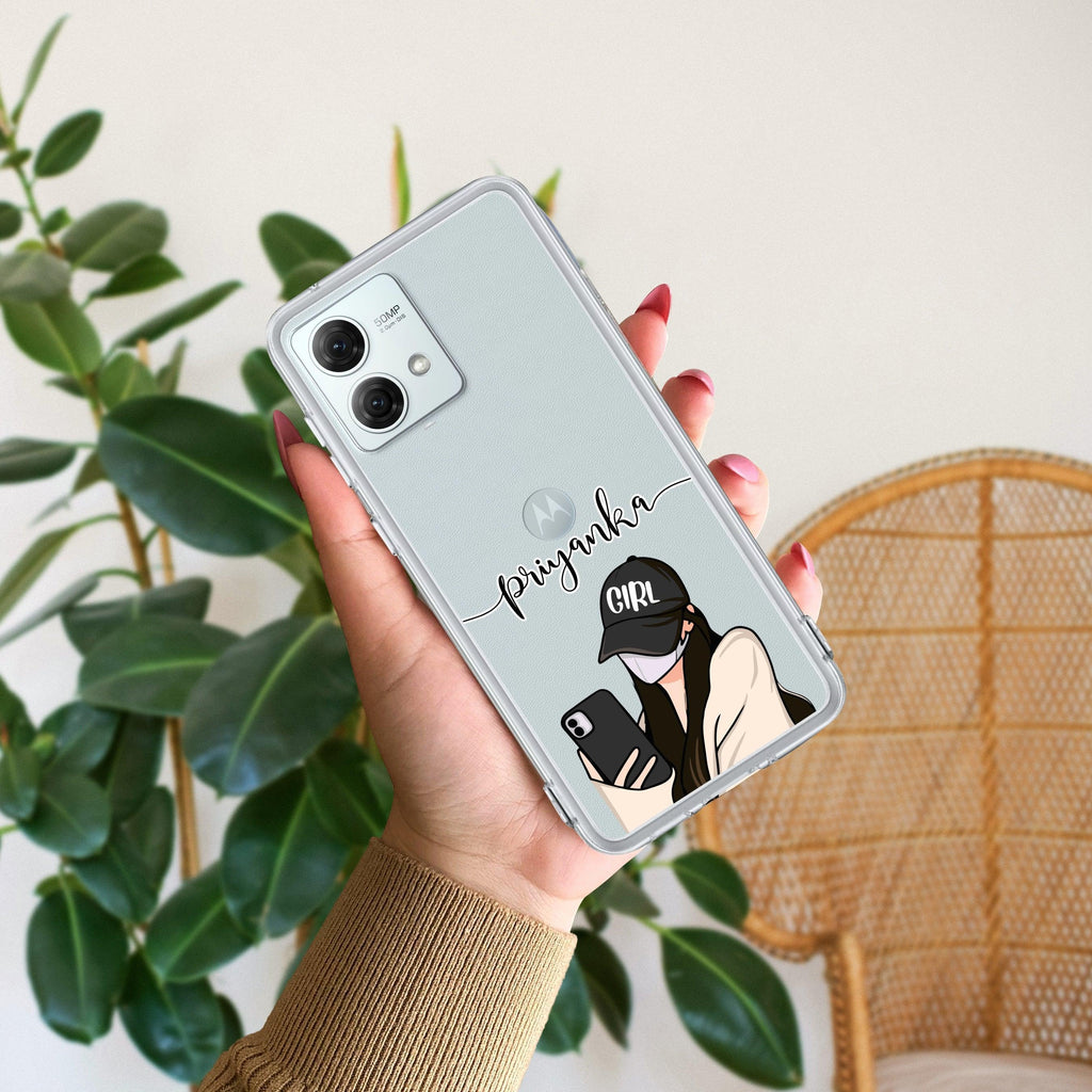 Stylish Girl With Cap Customize Transparent Silicon Case For Motorola G85 5G