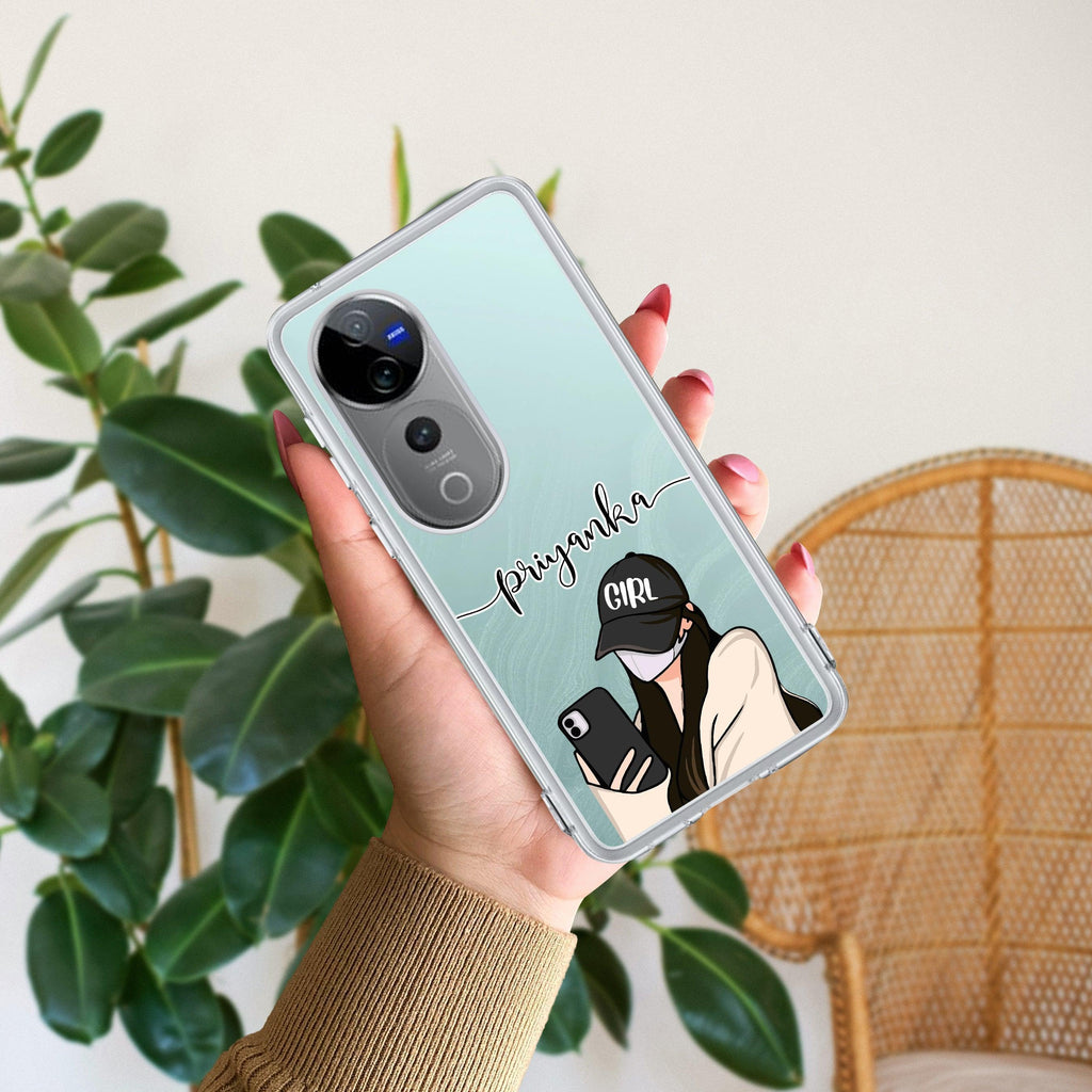 Stylish Girl With Cap Customize Transparent Silicon Case For Vivo T1 5G