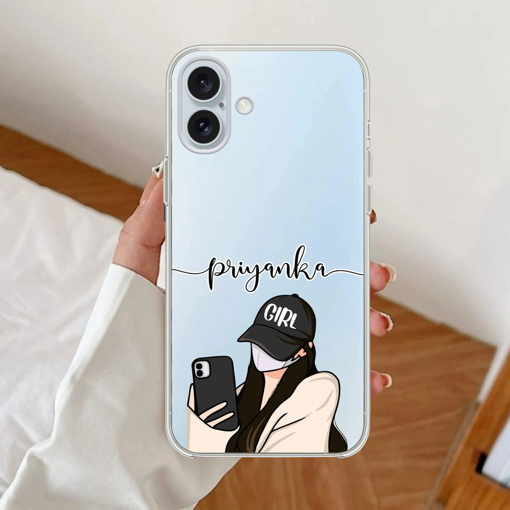 Stylish Girl With Cap Customize Anti Yellow Clear Case For iPhone 16 Plus