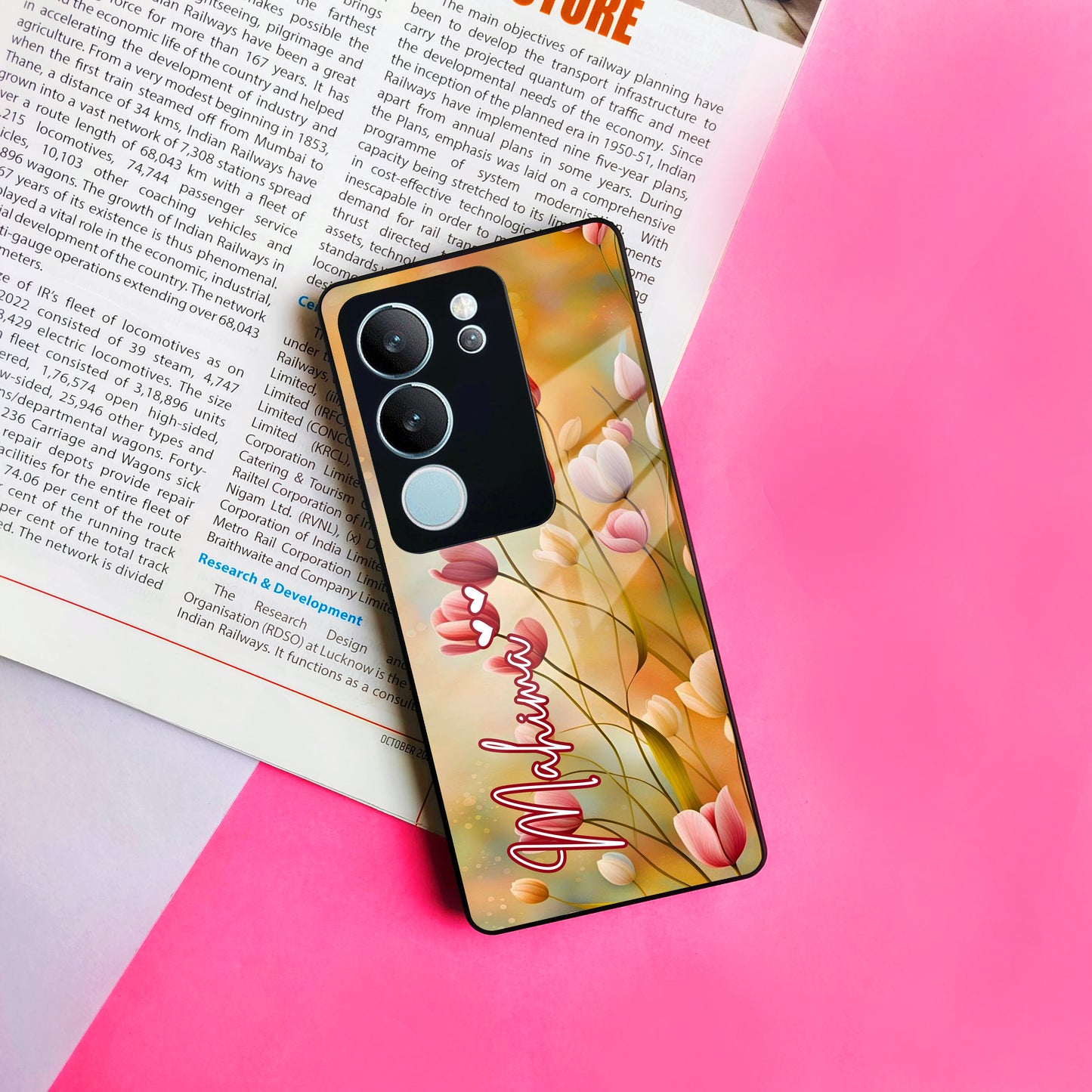 Tulip Floral Glass Case Cover For Vivo