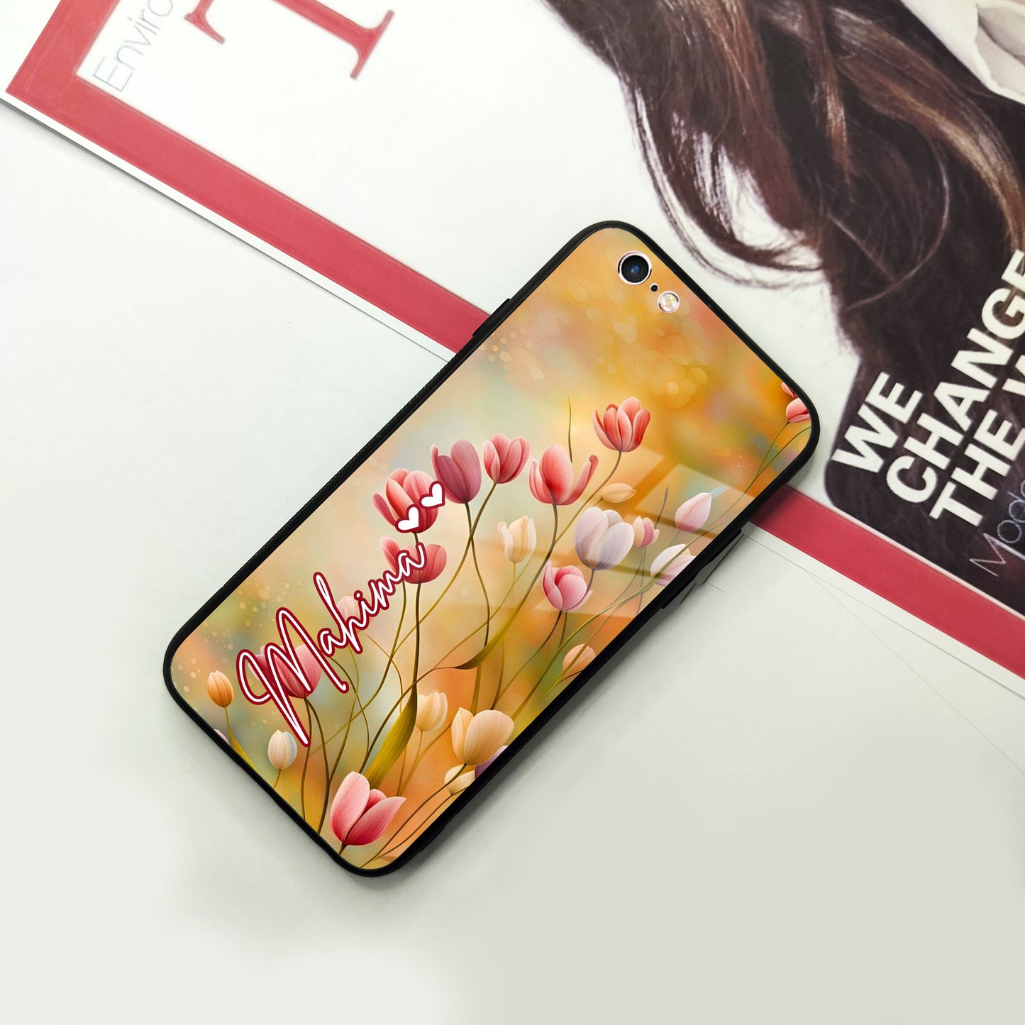 Tulip Floral Glass Case Cover For iPhone