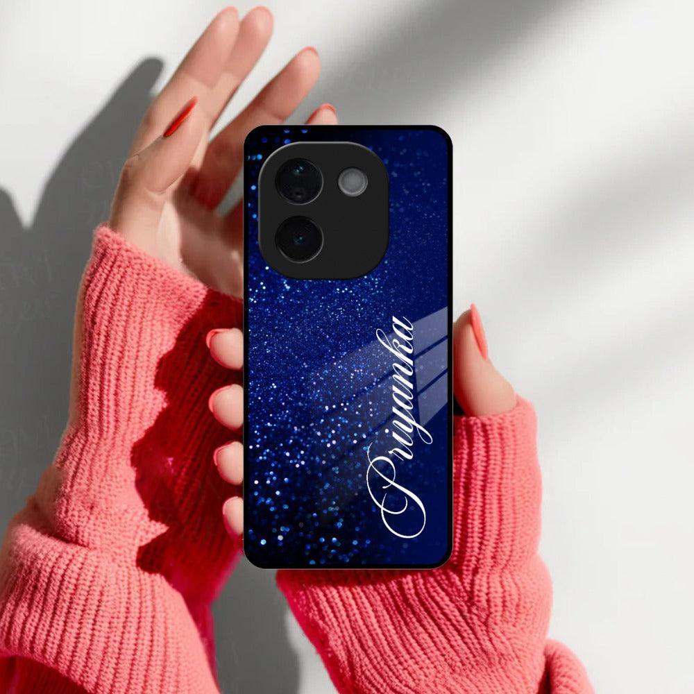 Blue Glitter Customize Glass Case Cover For iQOO - ShopOnCliQ