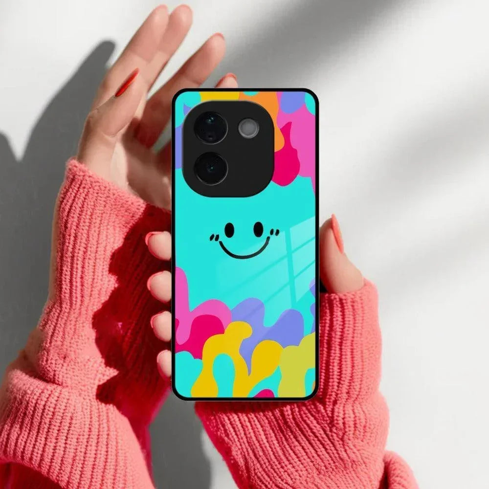 Cute Blue Smiley Multicolor Glass Case For iQOO - ShopOnCliQ