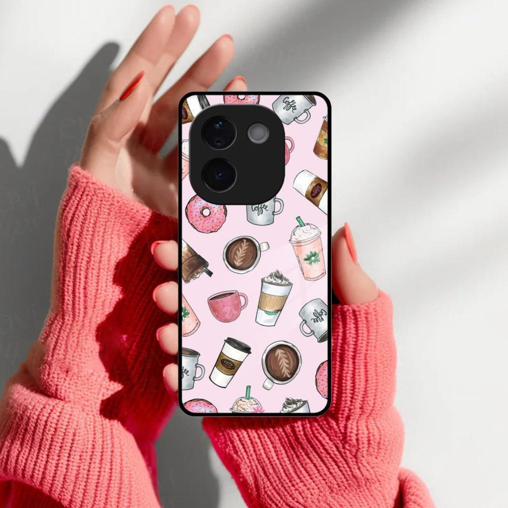 Cute Coffee Snacks Glass Case Cover For iQOO