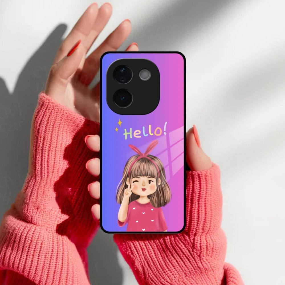 Cute Girl Hello Glass Case For iQOO