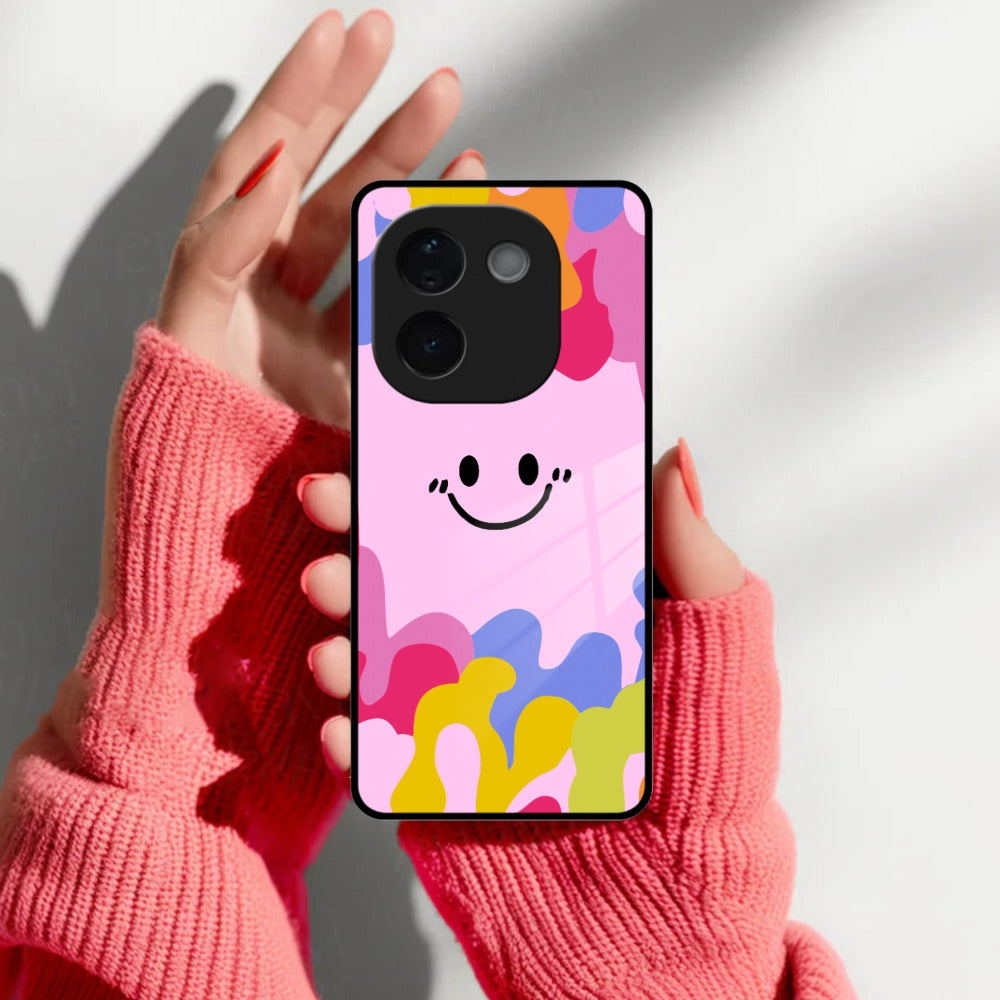 Cute Pink Smiley Multicolor Glass Case For Vivo