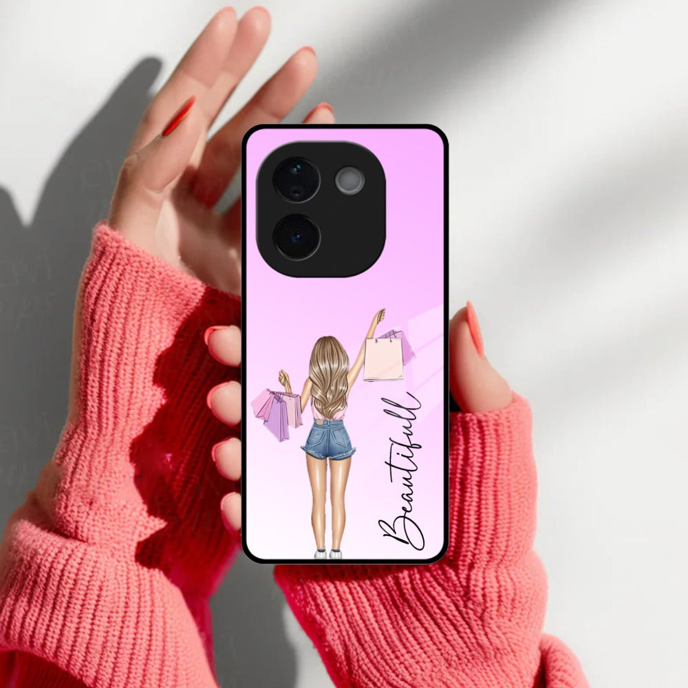 Girl With Bag Customize Name Glass Case For Vivo