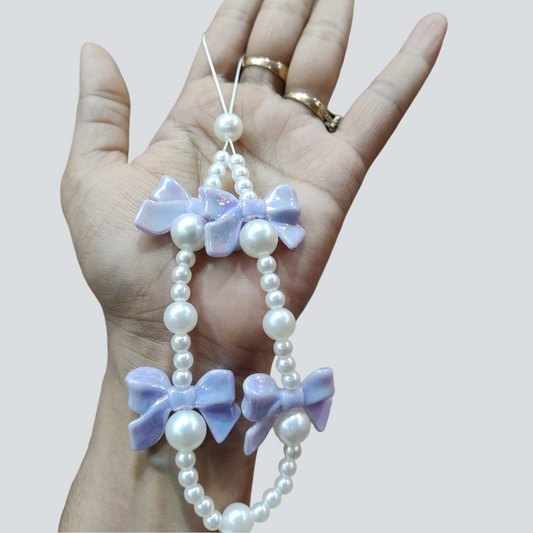 Blue Bow White Pearls Phone Charm Strap