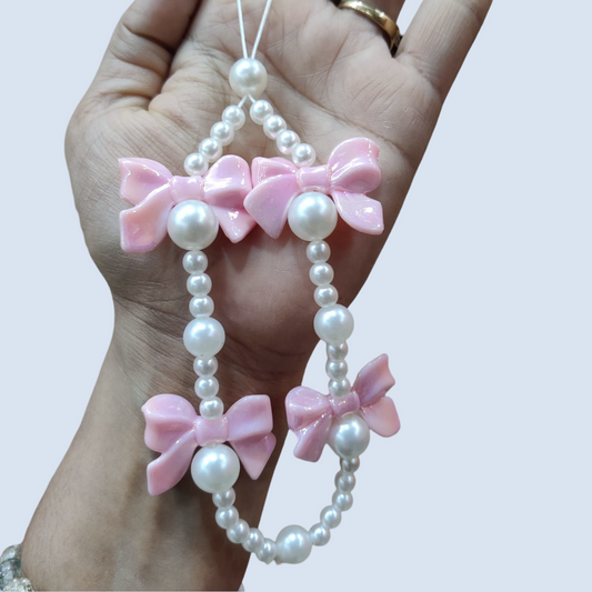 Pink Bow White Pearls Phone Charm Strap