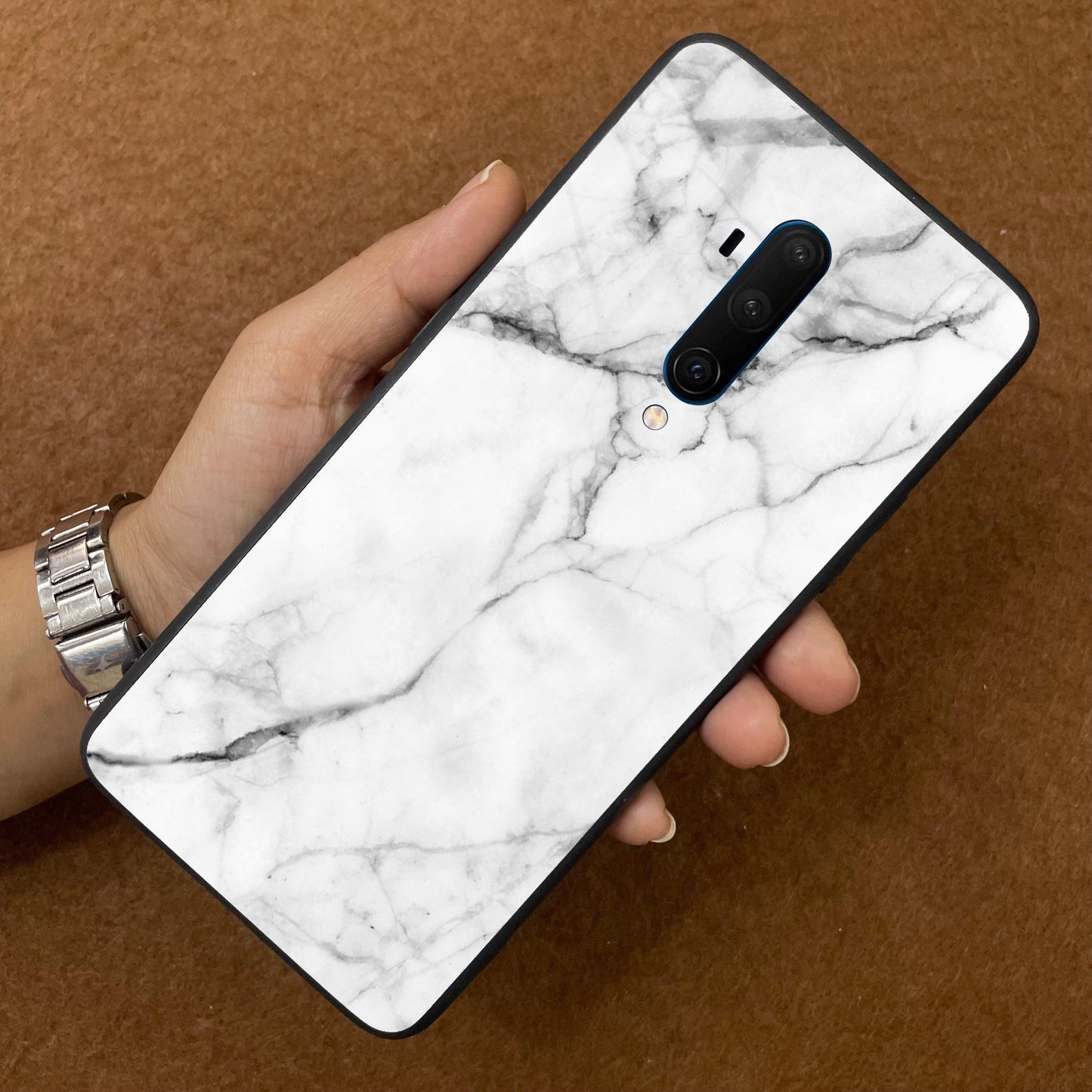 White Marble Patter Glass Case Cover For OnePlus