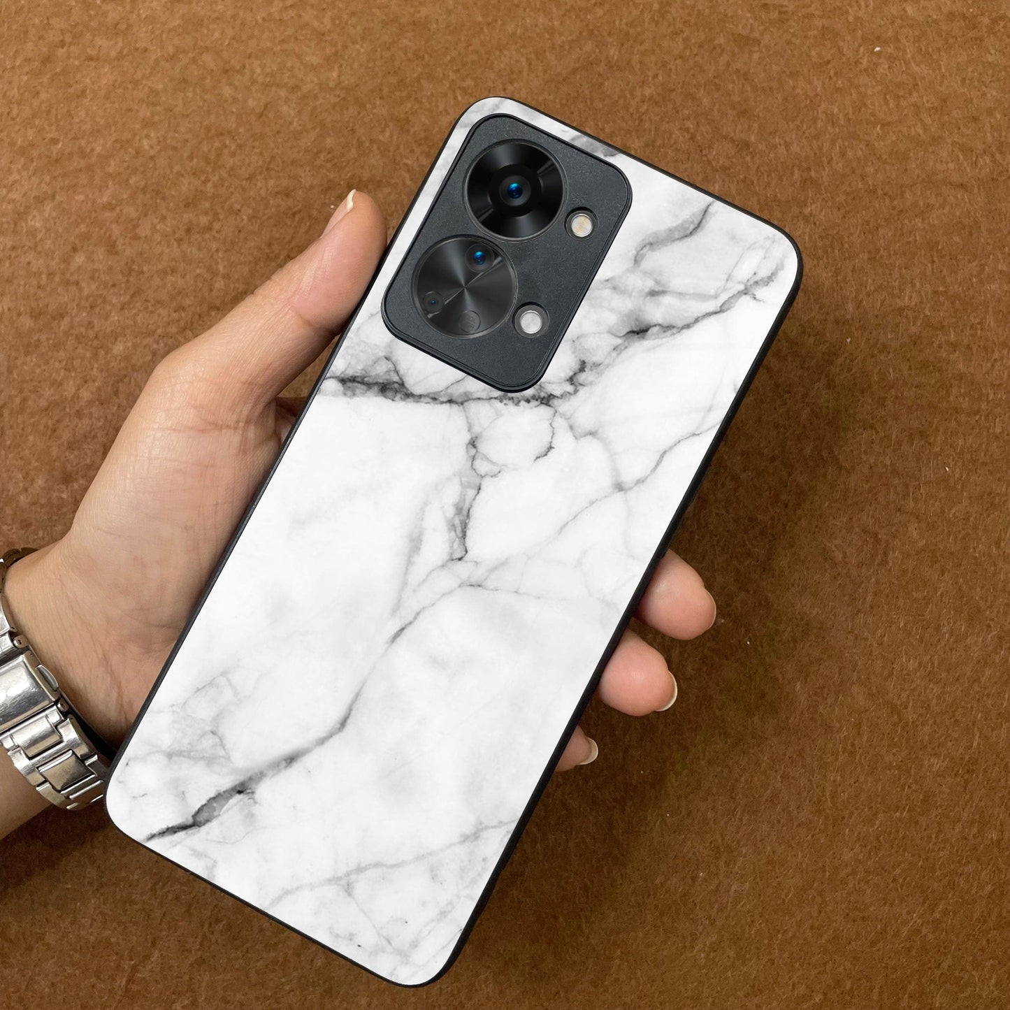 White Marble Patter Glass Case Cover For OnePlus