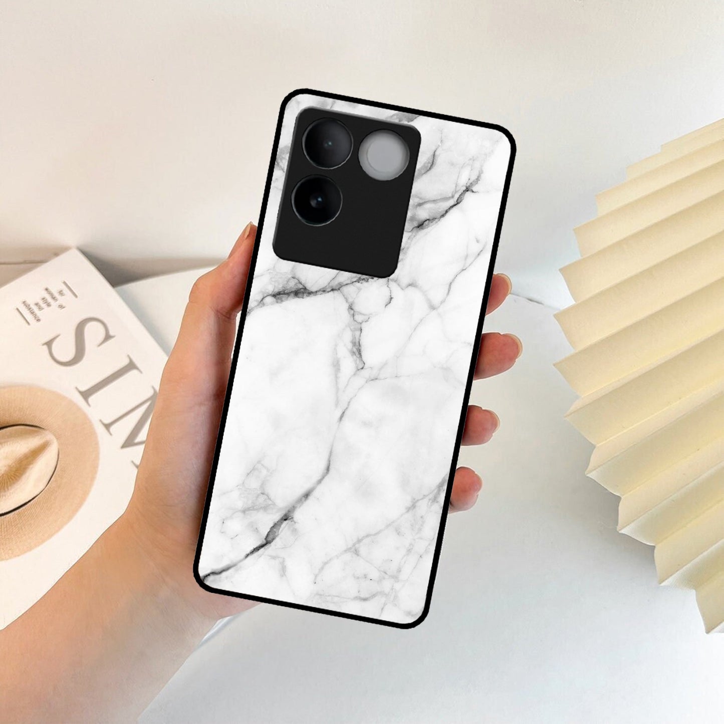 White Marble Patter Glass Case Cover For Vivo ShopOnCliQ