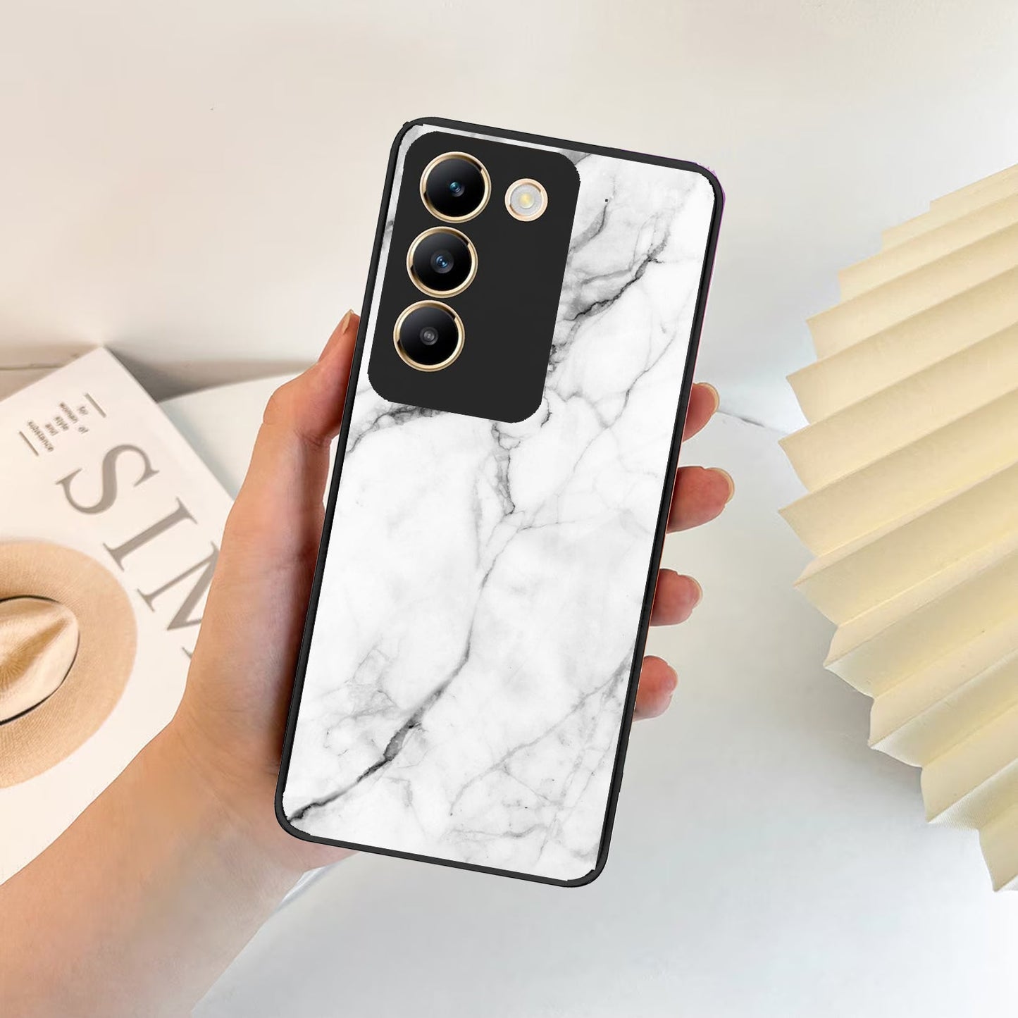 White Marble Patter Glass Case Cover For Vivo ShopOnCliQ