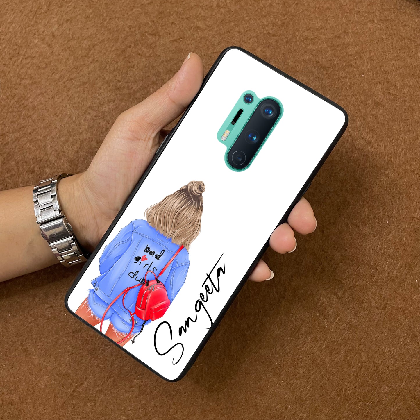 Bag Girl Customize Name Glass Case For OnePlus
