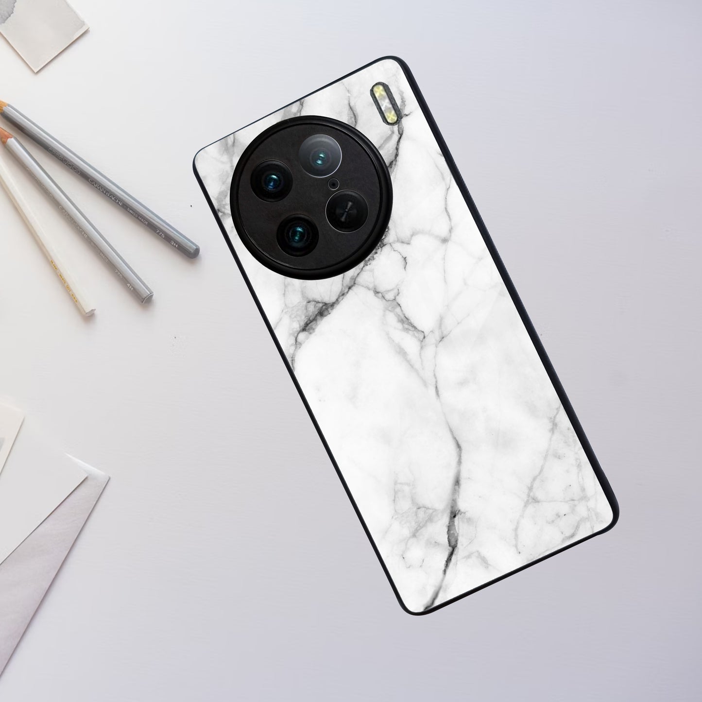 White Marble Patter Glass Case Cover  For Vivo