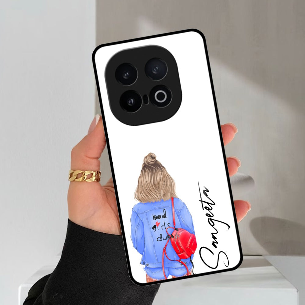 Bag Girl Customize Name Glass Case For iQOO