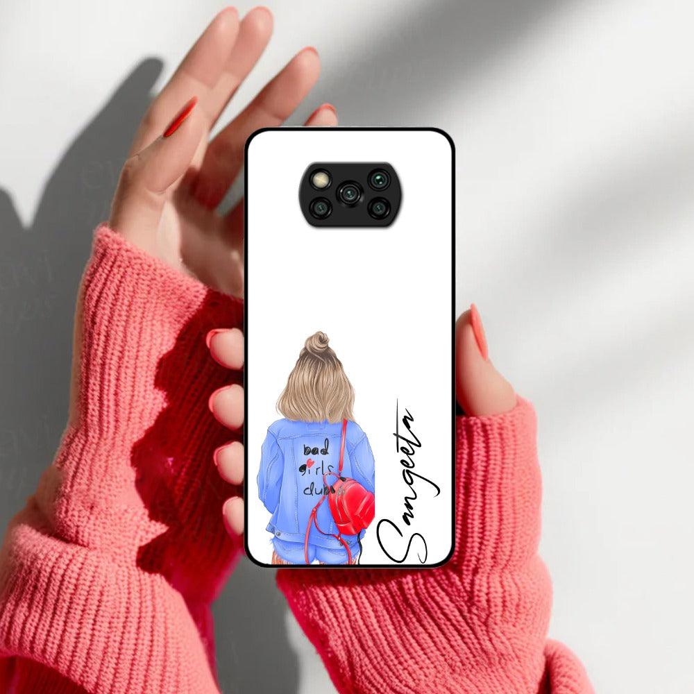 Bag Girl Customize Name Glass Case For Poco