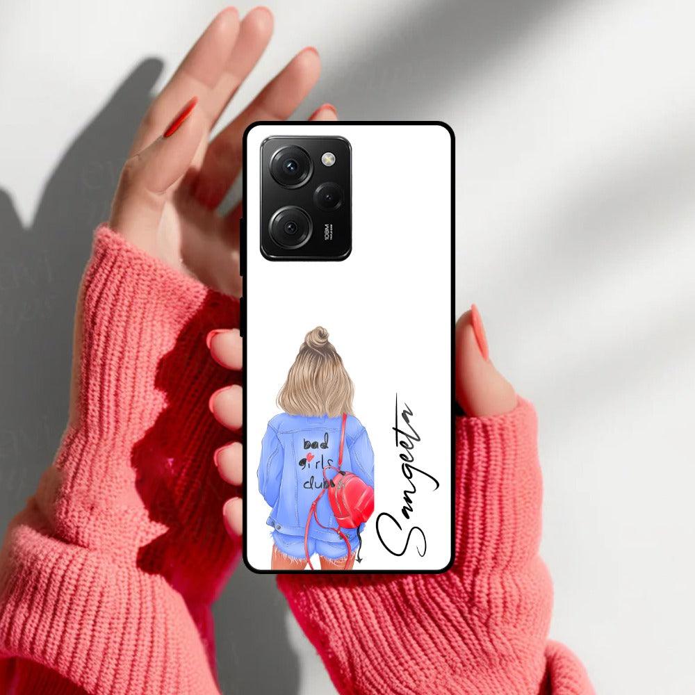 Bag Girl Customize Name Glass Case For Poco