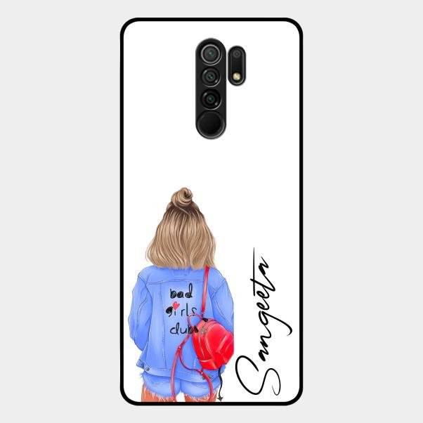 Bag Girl Customize Name Glass Case For Redmi 9 Prime